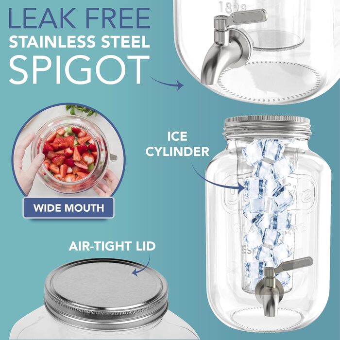 HEFTMAN Glass Drink Dispenser with Tap – 3.7 Liter Mason Jar Drink Dispenser with Leak-Proof Stainless Steel Spout & Ice Cylinder Refrigerator Water Dispenser, Punch, Cocktails, Empty Drink Dispenser