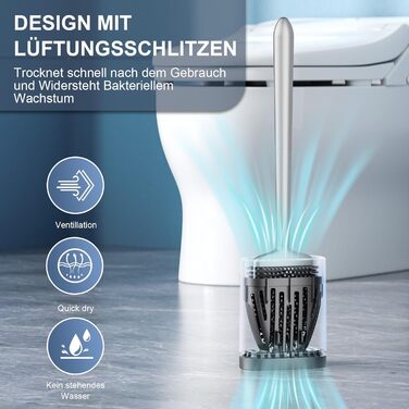 Щітка для унітазу з силікону Waretary з тримачем, нержавіюча сталь, гнучкий наконечник, швидке висихання, для ванної кімнати (срібляста)