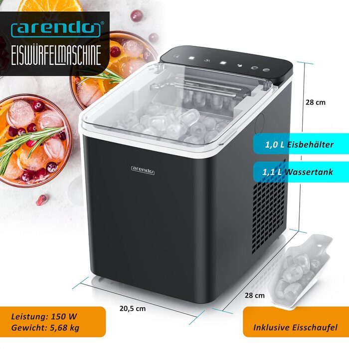 Льодогенератор Arendo Ice Cube Maker, 150 Вт, 12 кг льоду на добу, два розміри кубиків, автоматичне вимкнення, чорний