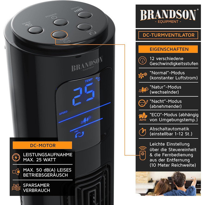 Turmventilator Brandson ECO Silent з DC-двигуном: 12 швидкостей, таймер, пульт ДУ, енергозбереження, колір чорний