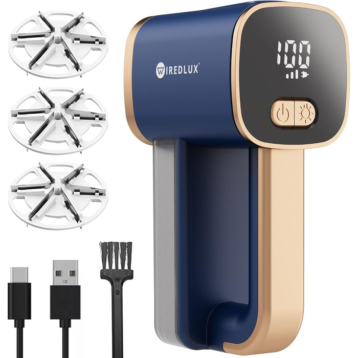 Електричний машинка для видалення катишків WiredLux для одягу та меблів, LED-підсвітка, 3 швидкості, 6-лезова, USB-зарядка, графітово-сірий/мідний, кобальтово-синій/мідний