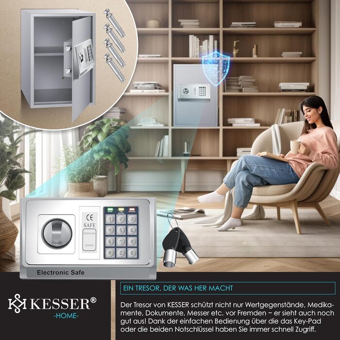 Електронний сейф KESSER® настінний, 31x20x20 см, з подвійним замком, LED підсвіткою, сталевий (срібний, XL)