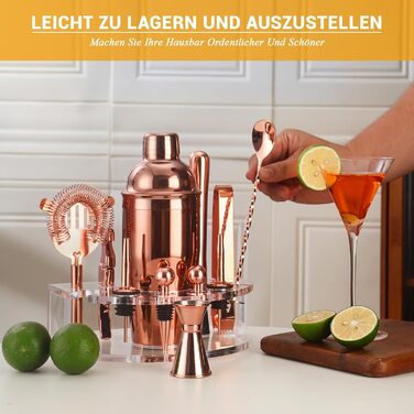 Cocktail Shaker Set, Stainless Steel Cocktail Set with 12-Piece Bar Accessories, 750ML Shaker Bartender Set with Stand, Cocktail Machine Bar Set for Home, Gifts for Men Dad Bartender (Rose Gold)