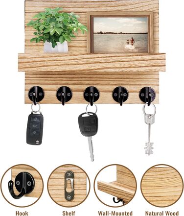Дерев'яне ключниця з полицею на стіну, декоративне настінне кріплення для ключів, 5 гачків, для прихожої, спальні, вітальні (колір дерева)