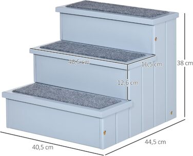 PawHut Dog Stairs 3 Steps Cat Stairs Pet Stairs Dog Stairs for Dogs and Cats Pet Stair Entry Aid with Carpet Storage for Sofa Bed Pine Wood Grey 40.5 x 44.5 x 38 cm