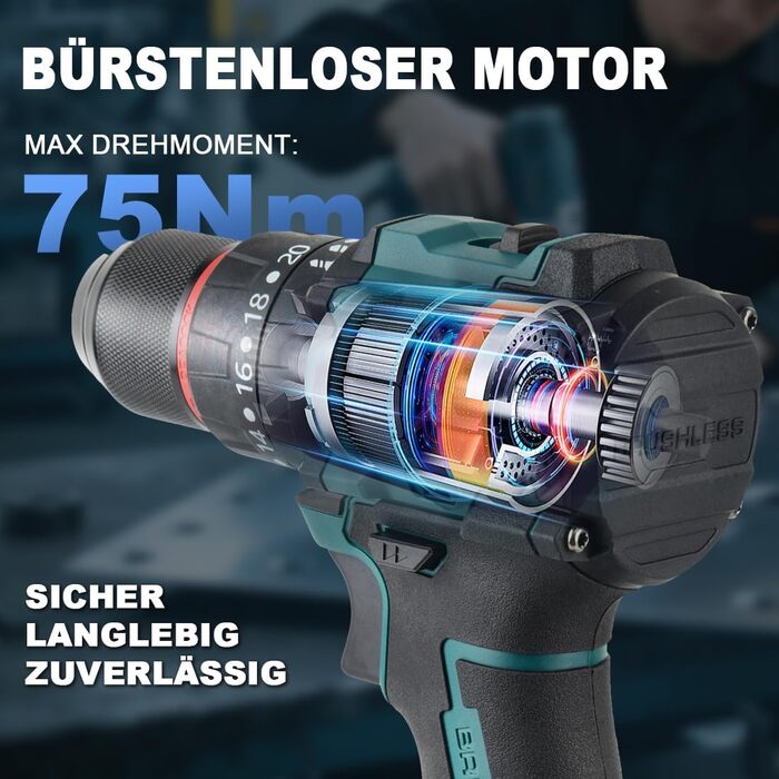 Акумуляторний ударний дриль-шуруповерт сумісний з Makita 18V, 13 мм, безщітковий, 35+3 ступені крутного моменту, 90 Н.м, 2 регульовані ступені, акумуляторний шуруповерт з 3 аксесуарами (без акумулятора) (10 мм для Bosch 18V)