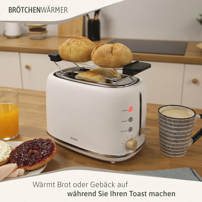 Тостер Briebe Nordic Set з широкими слотами та підставою для бургерів, 6 режимів підсмажування + Електричний чайник 1,7л, 2200W, BPA-free, Набір для сніданку, Скандинавський дизайн (Білий)