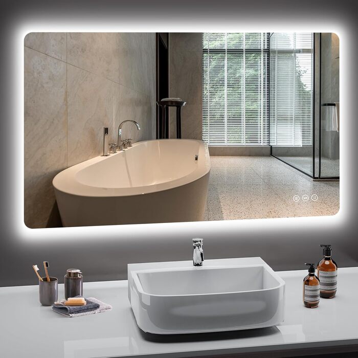 Дзеркало для ванної кімнати з підсвічуванням LED, 100x60 см, 3 кольори світла, регулювання яскравості, пам'ять, сенсорне управління, IP44, захист від вологи