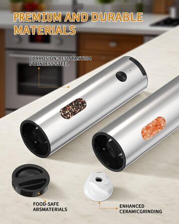Електрична млинка для солі та перцю CIRCLE JOY, нержавіюча сталь, з підставкою, регульований помел, 110 мл, LED-підсвічування, чорний колір (Акумуляторний набір з зарядним пристроєм - срібний)