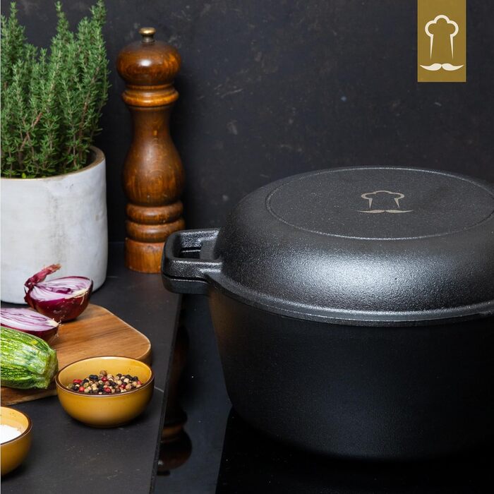 Chef's Cast Iron Dutch Oven incl. Dough Basket and Dough Scraper. Pot for Baking Bread. Bread Baking Pan with Lid 4.6L. 2-in-1 Bread Pot for Baking 26CM. Robust Bread Baking Pot. Round Bread Baking Pan. Cast Iron Pot for Baking Bread 4.6L Round