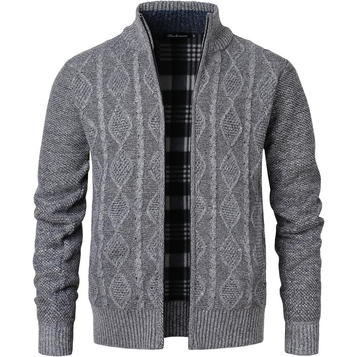 Чоловіча в'язана куртка-кардиган з коміром-стійкою та візерунком коси. Тепла флісова куртка з довгим рукавом для чоловіків (XXL, світло-сірий)