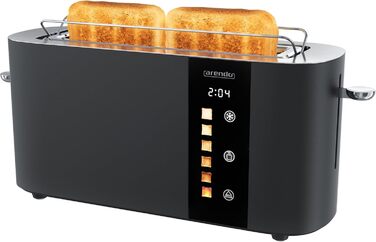 Тостер Arendo з нержавіючої сталі, 2 відділення, довгий проріз, сенсорний дисплей, подвійні стінки, підставка для булочок, 6 рівнів підсмажування, центрування хліба, індикатор часу, функція пам'яті, чорний колір A: Нічний чорний