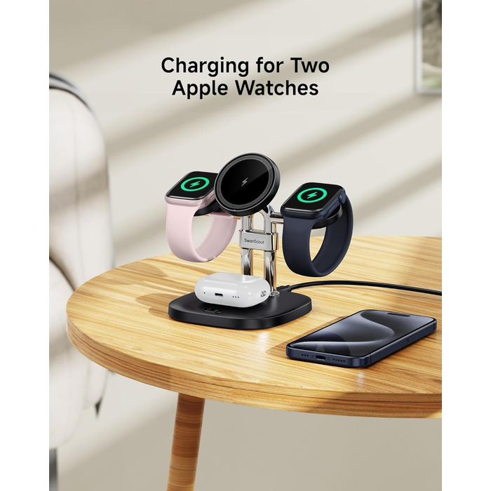 Зарядний пристрій SwanScout 709M Black: Двопортова зарядка для Apple Watch та iPhone (11/Ultra 3/SE 3, Air/17 Pro Max/17 Pro/17/16/15/14)