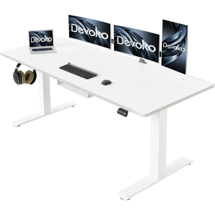 Електричний регульований стіл Devoko 160x70 см з кабель-органайзером, ергономічний комп'ютерний стіл з пам'яттю, для роботи стоячи і сидячи, стільниця під дерево (клен)