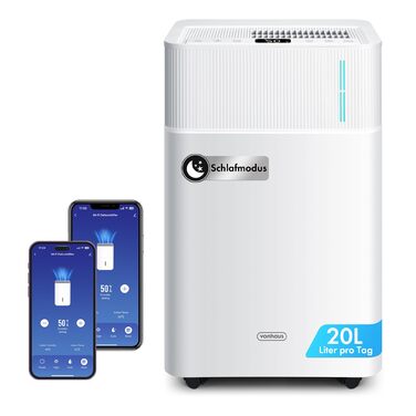 Електричний осушувач повітря VonHaus 20л/добу з Wi-Fi, для підвалу та приміщень до 20м², з таймером та шланг для відведення конденсату, сумісний з Alexa & Google Home