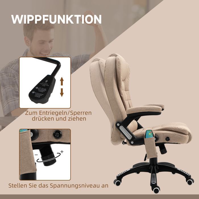 Vinsetto Office Chair with Vibration Massage, Ergonomic Desk Chair with Heating and Recline Function, Adjustable Height Executive Chair with Remote Control, Side Pocket, Linen-Look, Brown | Aosom