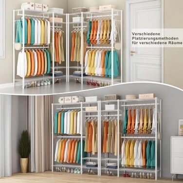 KZOBYD Clothes Rack, Freestanding Clothes Rail with Shelf Metal Wardrobe with Hanging Rods Open Closet with 4 Adjustable Shelves for Coats, Dresses, Shoes (White)