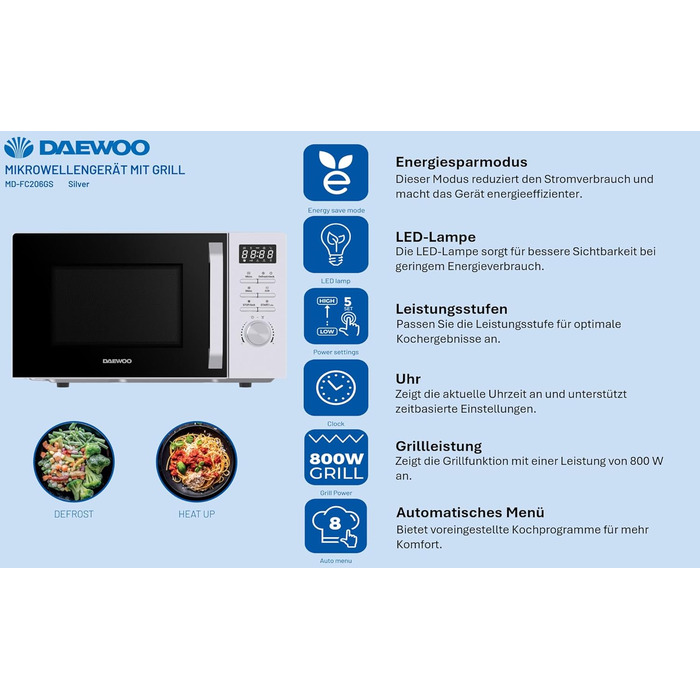 Мікрохвильова піч Daewoo MD-FC206SB 20L, 700W, з грилем, срібна