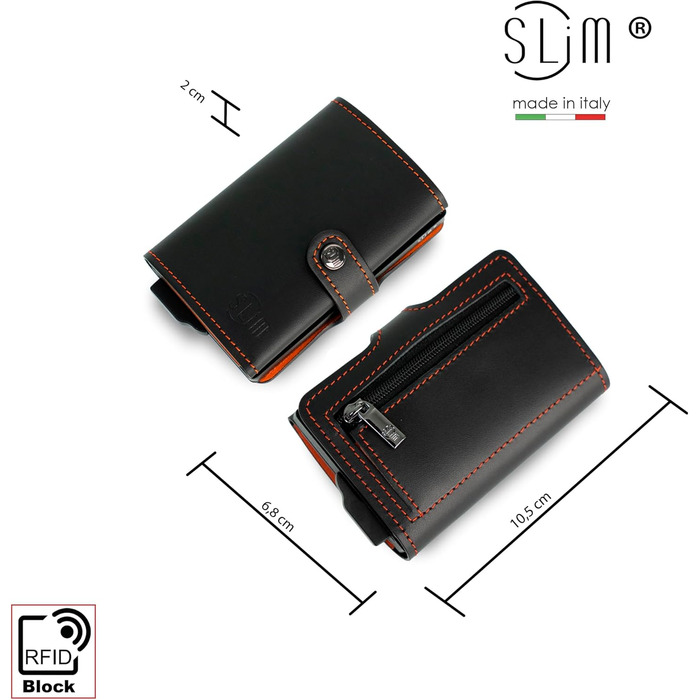 SLim жіноче та чоловіче портмоне/гаманець Smart Wallet з відділенням для монет та RFID захистом, Made in Italy (Чорний та Оранжевий)