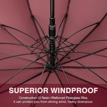 KEYHOT Windproof Umbrella - Large Stick Umbrella with Wooden Handle for Men & Women - 12 Ribs, XL - Burgundy, 118cm