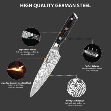 Ніж Santoku MOSFiATA 18 см з нержавіючої сталі EN 1.4116 з дерев'яною ручкою (10 см) - Кухонний ніж для нарізки