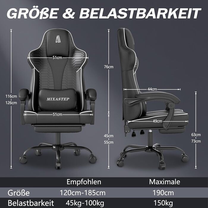 Геймерське крісло Ergonoma з підставкою для ніг, регульоване по висоті, біле - до 150 кг