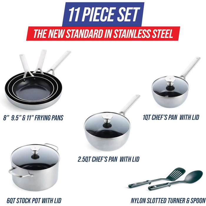 Набір посуду Blue Diamond з нержавіючої сталі, 15 предметів: каструлі та сковорідки з антипригарним покриттям, індукційні, безпечні (без PFAS та PFOA), для духовки до 315°C, миття в посудомийній машині