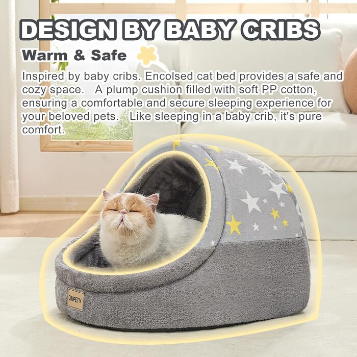 Jiupety Cat Cave, Cat House, Cat Basket, Cat Bed with Non-Slip Bottom, Cat Nest with Washable Removable Cushion, M (41 cm x 41 cm x 33 cm), (Gray, L 48 cm x W 43 cm x H 41 cm)