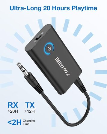 BlitzMax Bluetooth 5.2 Передавач/Приймач Bluetooth, 2-в-1 Аудіо Адаптер, Mini 3.5mm, Портативний, Dual Link для ПК, TV, Авто, Авіації та Динаміків