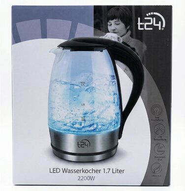 Скляний електричний чайник T24 79020 з LED-підсвіткою, 1.7 л, 2200 Вт, захист від перегріву, без BPA, сріблястий
