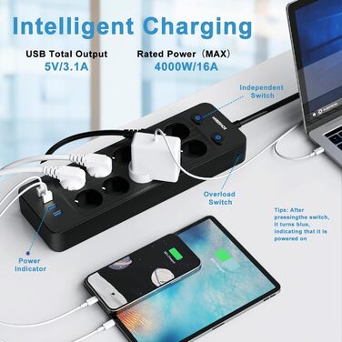 Мережевий фільтр NVEESHOX з 10 розеток, 3 USB-A та 1 USB-C (20W PD), з індивідуальними вимикачами, захист від перенапруги, 2м, для дому та офісу (Чорний)