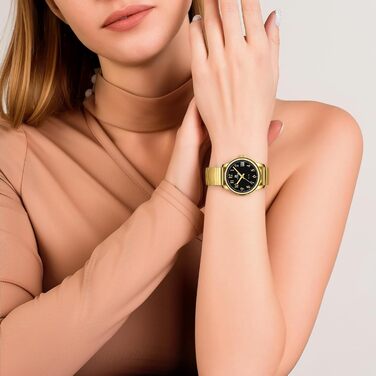 Жіночий годинник LN LENQIN: Водонепроникні годинники для жінок з нержавіючої сталі, кварцовий механізм, регульований ремінець (Золотий/Чорний)