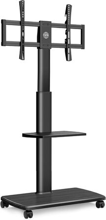 FITUEYES Rolling TV Stand with Wood Shelf - Adjustable Height & Swivel - Fits 32-70 inch TVs up to 40kg, VESA 400x600 - White/Black