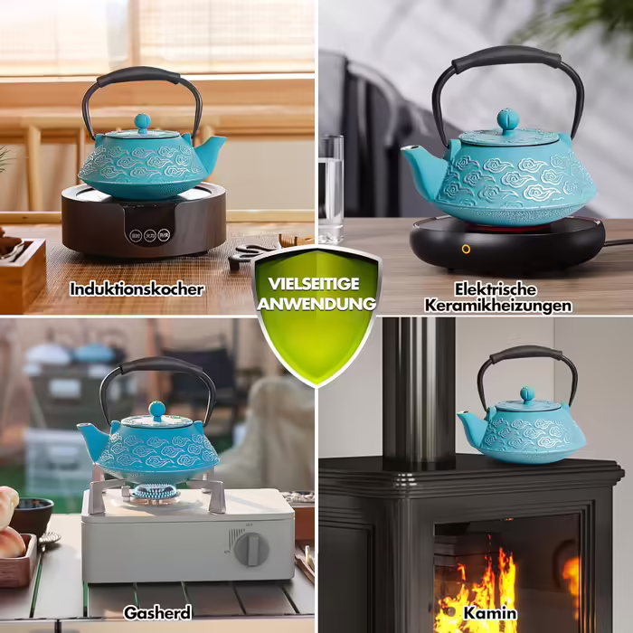 Cast iron teapot, Japanese teapot with infuser for loose tea, 800ml teapot suitable for stovetops, with enameled interior coating, cloud pattern, 27oz Green (Sky-blue)