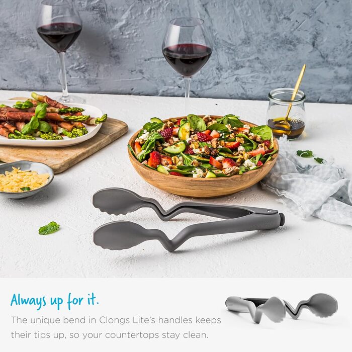 Dreamfarm CLONGS Kitchen Tongs | Stainless Steel and Silicone | 23 cm | Tongs for the Kitchen with Closure | For Placing and Resting on Surfaces or the Pan | Dishwasher Safe | Heat Resistant up to 260°C (Gray, 26.7 cm (10.5 inches))