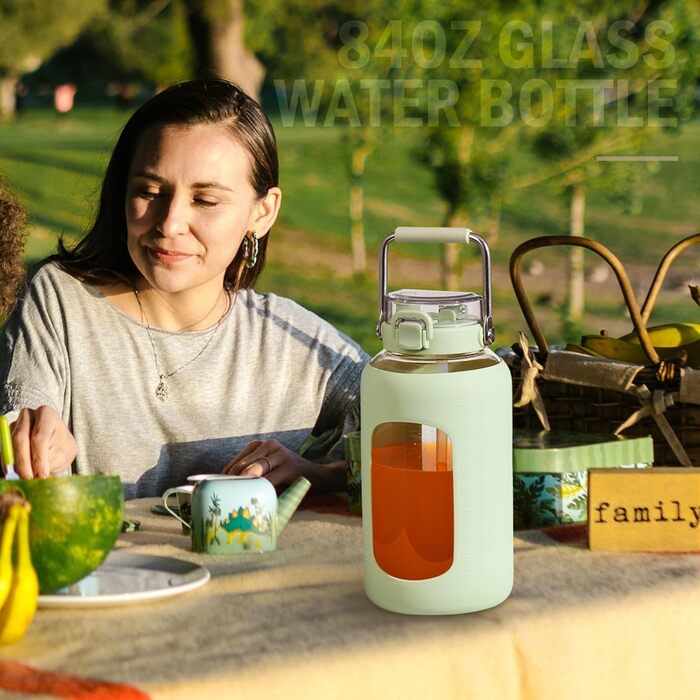 BLUEGO 2500ml Glass Drinking Bottle with Stainless Steel Handle, 2.5L Large Water Bottle with Time Markers and Silicone Sleeve, Half Gallon Water Jug, BPA-Free for Sports, Daily Use, Light Green