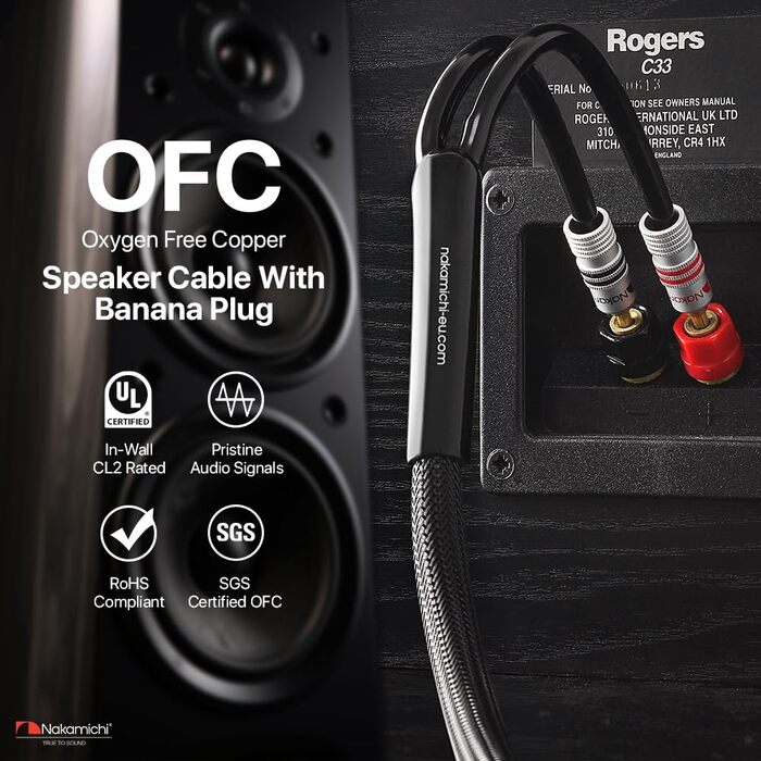 Акустичний кабель Nakamichi 14AWG з позолоченими банановими роз'ємами 24K, 3м, безкиснева мідь (OFC) в обплетенні, чорний
