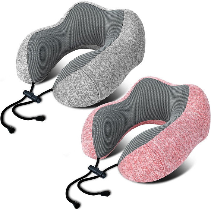 Подушка для шиї у літак - 2 шт. з піною з пам'яті, м'яка та підтримуюча, подушка для подорожей, сну, авто, поїзда та дому (Блакитний та Сірий) (Рожевий та Сірий)