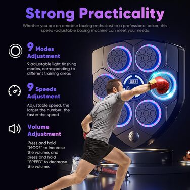 Музична боксерська машина AHWOiHS з LED-підсвіткою, 9 швидкостей та 9 режимів тренування для дітей та дорослих