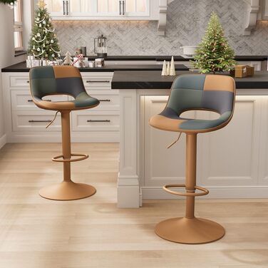 YOUNIKE 2-Piece Adjustable Bar Stools - Boho Patchwork Design, Swivel Kitchen Bar Chairs with Hollow Backrest - Yellow & Green