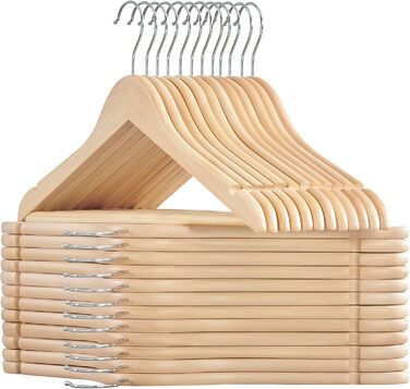 SONGMICS Wooden Clothes Hangers, 24-Piece Set, Wooden Hangers, Shoulder Indentations, Trouser Bar, Trouser Hanger, 360° Swivel Hook, for Jackets, Shirts, Coats, Natural Beige CRW010N24
