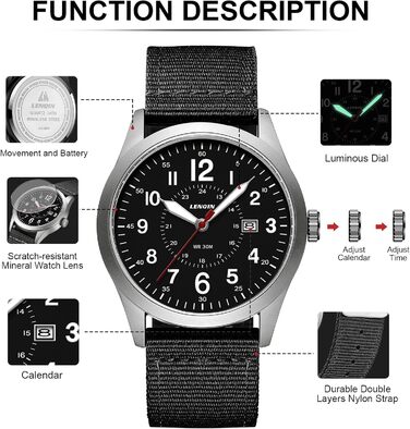 Годинник чоловічий LN LENQIN Military 30M водостійкий з датою, кварцовий, тактичний, на текстильному ремінці (чорний/сріблястий)