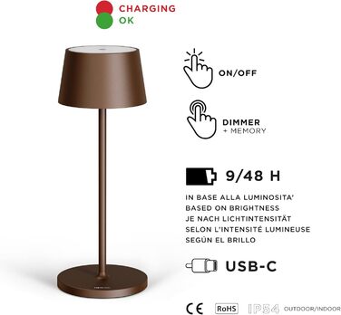 Стильна LED-лампа Stilosa на акумуляторі - бездротова, диммер, сенсорне керування, USB-C, для дому та на вулицю (діаметр основи 30 см, бронза)