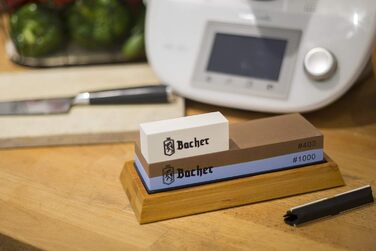Преміум точильний камінь Bacher Schleifstein, двосторонній, зернистість 400/1000. Точило для ножів з бамбуковою підставкою, точильний камінь, допомога у заточуванні та детальна інструкція.
