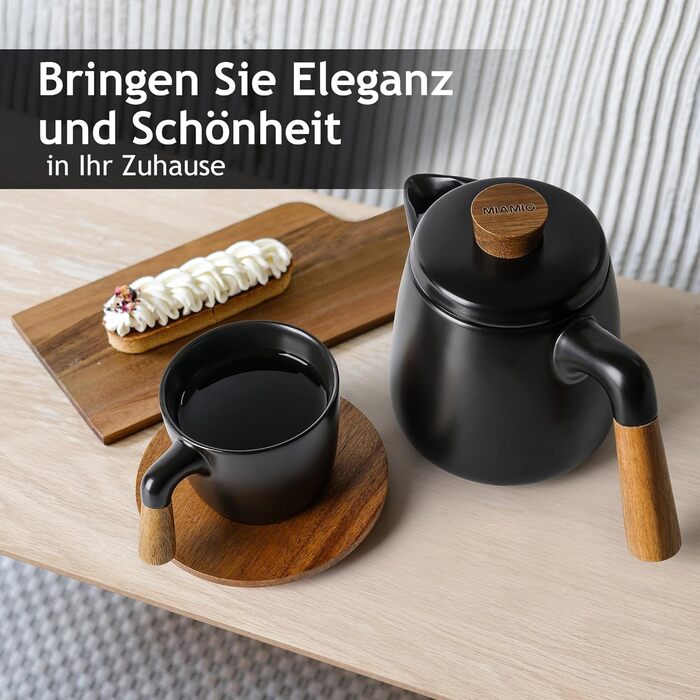 Набір для чаю Miamio: чайник 1 л з ситечком та 4 чашки (300 мл), підставка з бамбука. Кераміка, білий/чорний