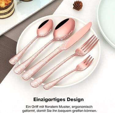 36-Piece Rose Gold Flatware Set for 6 People, HONKKU Stainless Steel Cutlery Set with Steak Knives, Polished Mirror Finish Cutlery Set with Floral Patterns, Fork Spoon Knife Set Dishwasher Safe