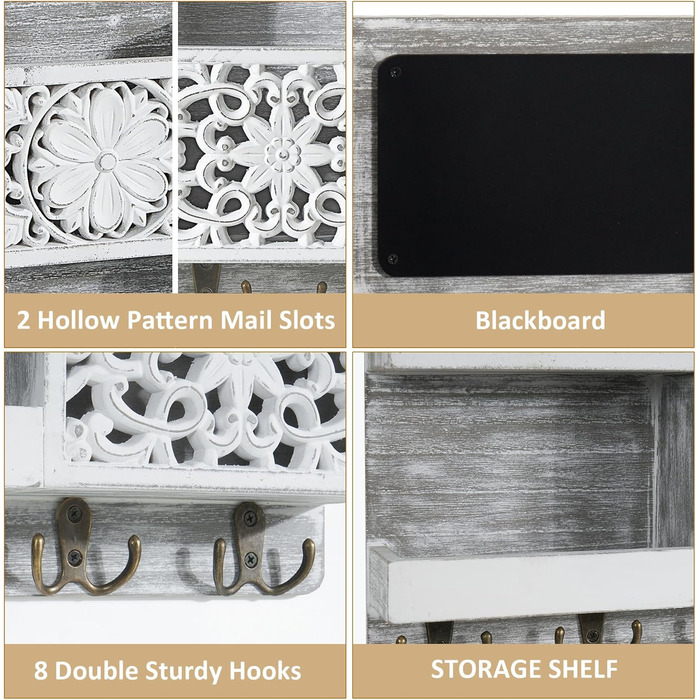 Дерев'яний ключниця з полицею на стіну, органайзер для ключів з 2 відсіками для листів, крейдяною дошкою та 8 гачками, вінтажний білий
