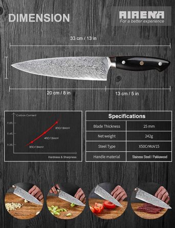 Ніж Santoku AIRENA 7 дюймів - Японський стиль, високоякісна сталь X50CrMov15, повний хвостовик, ергономічна ручка, преміум якість, подарункова коробка