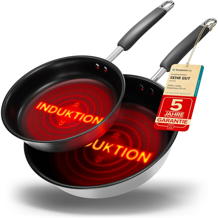 Набір сковорідок з нержавіючої сталі для всіх типів плит 20см та 28см з антипригарним покриттям - 10 років гарантії, ергономічні ручки, рівномірний розподіл тепла, придатні для миття в посудомийній машині та використання в духовці - Набір сковорідок 28см+