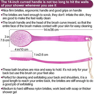 Back Scrub Brush – Curved shower brush with a long handle and medium-stiff bristles for cleaning and exfoliating the body, back scrubber for men and women (black + pink, 2)